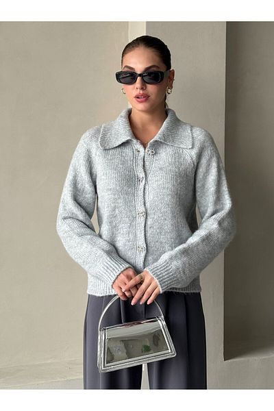 Laluvia Gray Stone Bow Button Cardigan-4475