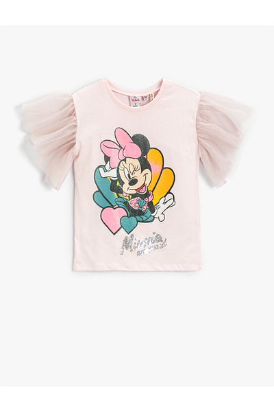 Koton Minnie Mouse Printed Short Tulle Sleeve Licensed T-Shirt Cotton