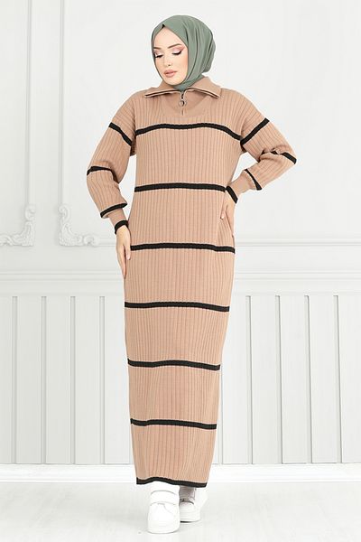 ModaMerve Rochie din tricotaje Latte - Jumătate cu fermoar, Model 6013KLN1035-M