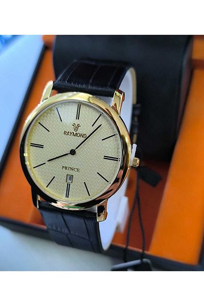 Raymond Classic Black/Gold Leather Men's Wrist Watch