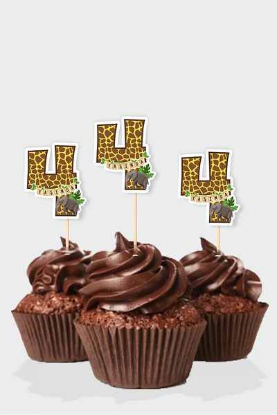 neşeli günlerim Ornament pentru cupcake cu tematică Safari * 4 (patru) ani „10 buc