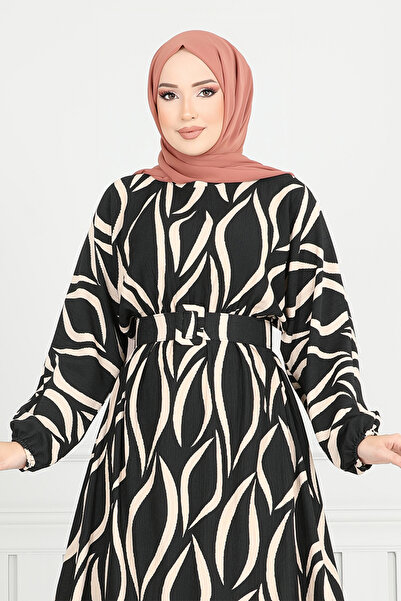ModaMerve Manşeti Lastikli Desenli Elbise 4026TGE913-M Siyah