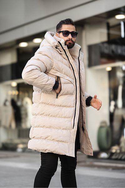 MİS MODA معطف طويل قابل للنفخ بغطاء للرأس للرجال