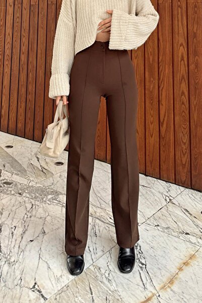 Swist Brown High Waist Straw Lycra Comfortable Knitted Women's Trousers