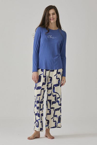 Pamuk & Pamuk Women's Blue-White Patterned Pjama Suit