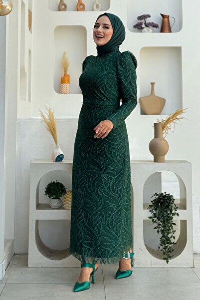 Bym Fashion Dal Desenli Simli Tül Büyük Beden Abiye Elbise 1140-1 Zümrüt