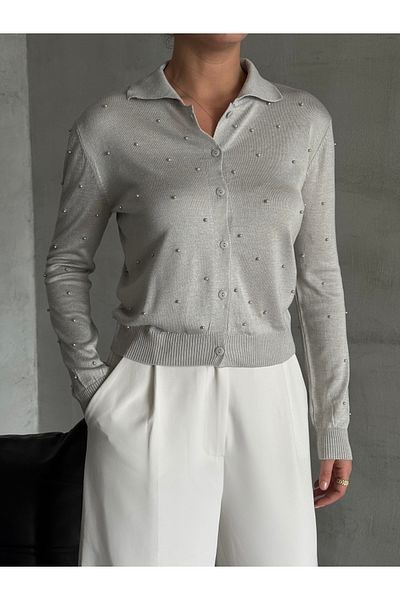 Laluvia Gray Polo Neck Mini Heeled Cardigan -4560
