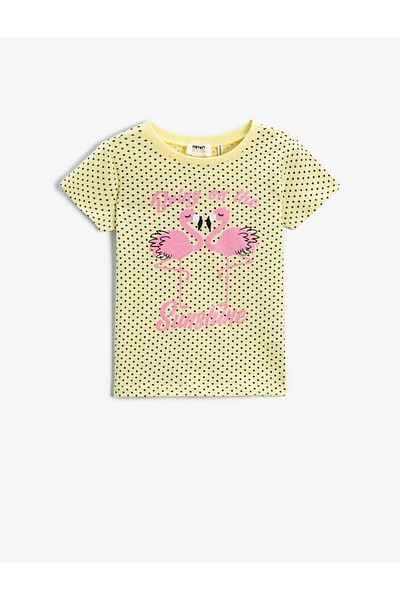 Koton Polka Dot Flamingo Printed Short Sleeve T-Shirt