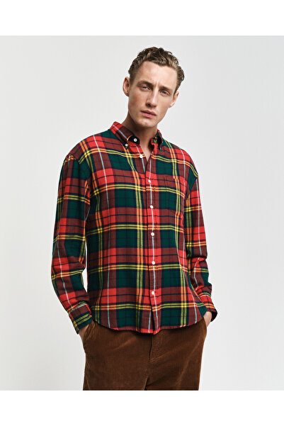 Gant Erkek Kırmızı Regular Fit Düğmeli Yaka Kareli Gömlek