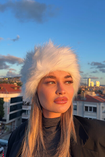 Mollycrush Luxury Russian Slavic Style Faux Fur Long Hairy Plush Women's Ecru Heart Hat