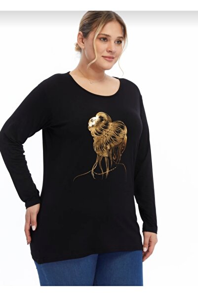 Barato Μαύρη μπλούζα με μακρυμάνικο στάμπα μεγάλου μεγέθους