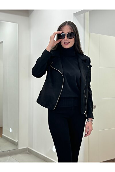 AYHAN Double Breasted Collar Lined Zippered Short Suede Jacket with Buttons on the Collar and Belt