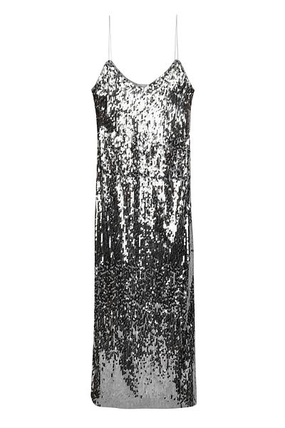 Quzu Thin Straps Sequined Long Dress Silver