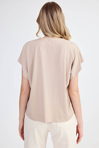 Vitrin Modal Fabric Front Zip Short Sleeve Blouse