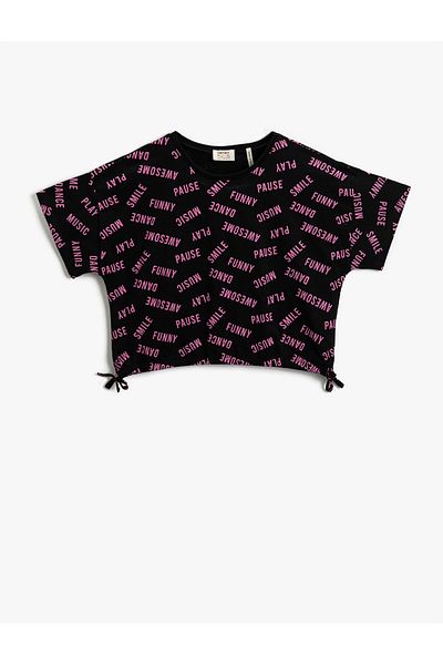 Koton Slogan Printed Short Sleeve T-Shirt Cotton with Bow Tie on the Sides