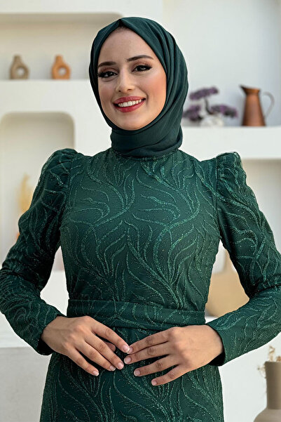 Bym Fashion Dal Desenli Simli Tül Büyük Beden Abiye Elbise 1140-1 Zümrüt