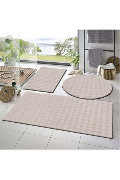Raschel Carpet Balat Carpet 3-Piece Non-Slip Base Bubble Plush Bath Mat 50X50 (Round)-50X50 and 50X70
