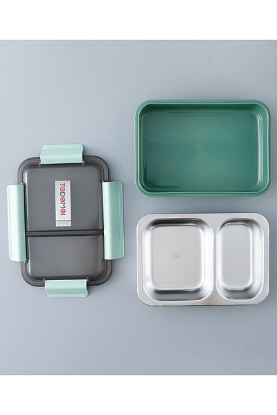 Fab N Funky صندوق غداء معزول للأطفال - مقاوم للتسرب، خالٍ من مادة BPA، مكون من حجرتين، سهل التنظيف، أخضر - 750 مل