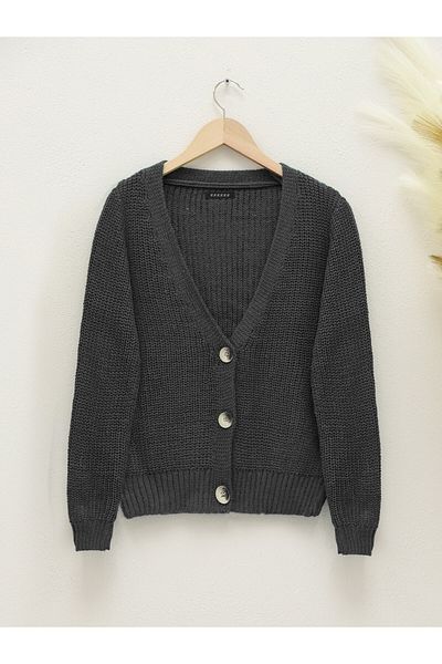Modamorfo Smoked Colored Knitted Patterned Buttoned Cardigan