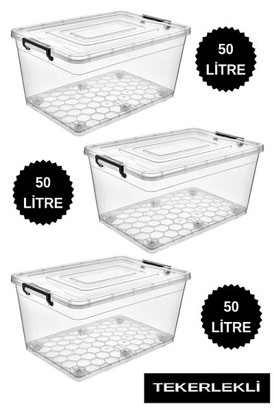 DEEMBRO 3 Pieces 50 Lt Wheeled Storage Box Wheeled Storage Container Large Size Size 41*60*30 cm