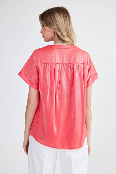 Vitrin Judge Collar Shiny Fabric Short Sleeve Blouse