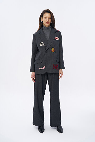 Quzu Anthracite Embroidered Double Breasted Collar Blazer Jacket - Back Printed