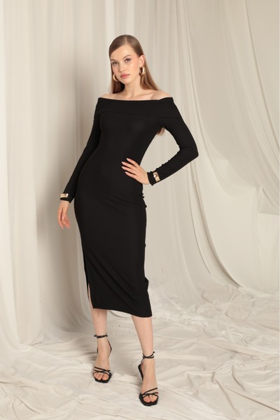 ilknur ergün SİYAH YIRTMAÇLI MADONNA YAKA ELBİSE