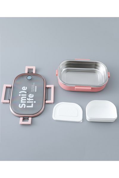 Fab N Funky Kids Insulated Oval Lunch Box With Side Dish Container - Pink