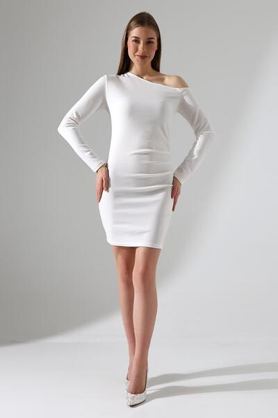 Deafox Weißes, schulterfreies, detailliertes, importiertes Langarmkleid aus Kreppstoff