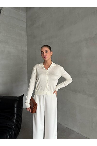 Laluvia Ecru Polo Neck Mini Cardigan na podpatku -4560