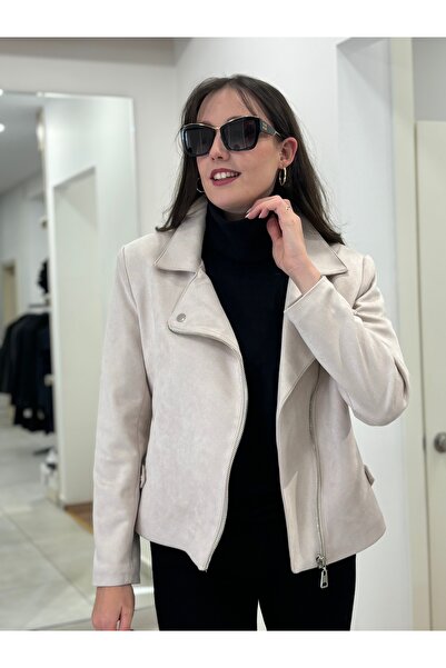 AYHAN Double Breasted Collar Lined Zippered Short Suede Jacket with Buttons on the Collar and Belt