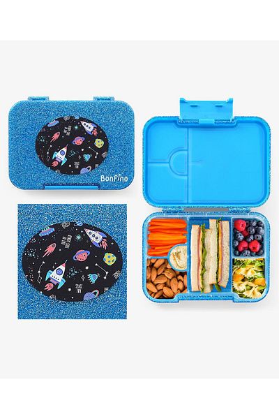 Fab N Funky Bonfino Space ABS Bento Lunch Box, BPA Free, Microwave Safe Removable Tray, 1L, 3 Years+ - Blue