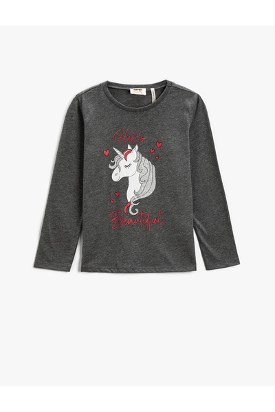 Koton Langarm-T-Shirt mit Einhorn-Aufdruck und Rundhalsausschnitt