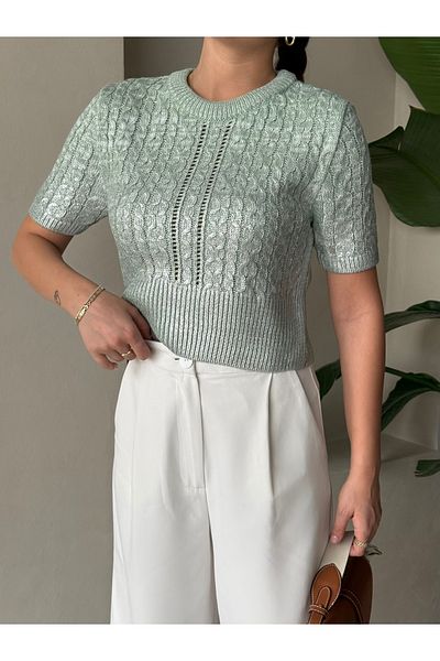 Laluvia Pulover din tricot cu mânecă scurtă din folie împletită mentă-4225