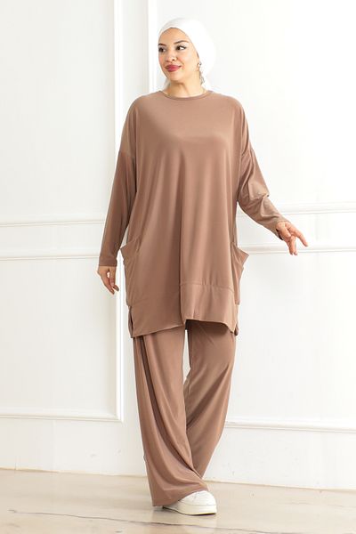 Eliva Women's Mink Oversize Pocketed Wide Leg Comfortable Daily Casual Hijab Bottom - Top Set