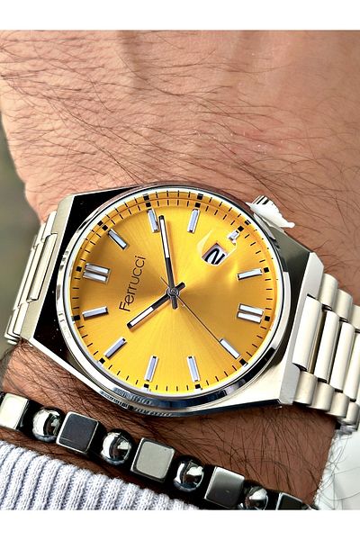 Ferrucci Silver Color Classic Calendar Steel Band Men's Wrist Watch + Bracelet