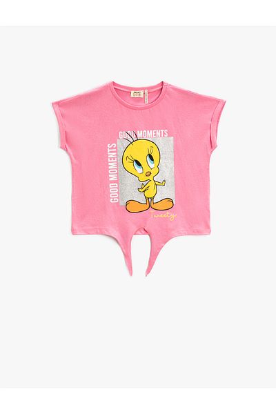 Koton Tweety Printed T-Shirt Licensed Tie Front Short Sleeve Crew Neck Cotton