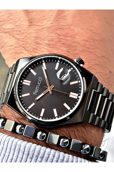 Ferrucci Black Color Classic Calendar Steel Band Men's Wrist Watch + Bracelet
