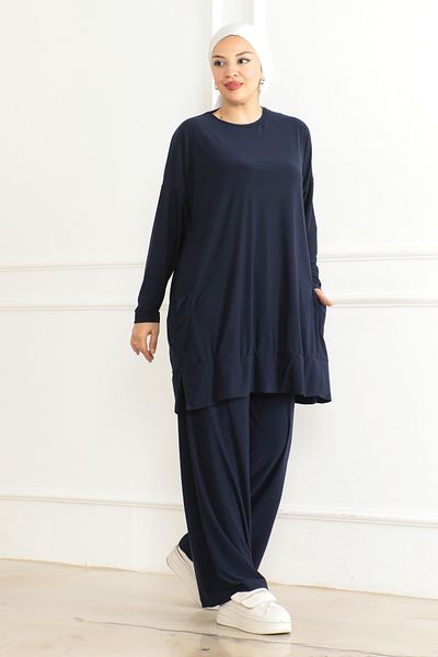 Eliva Women's Dark Navy Blue Oversize Pocketed Loose Leg Comfortable Daily Casual Hijab Bottom - Top Set