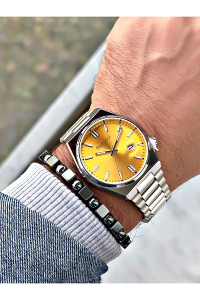 Ferrucci Silver Color Classic Calendar Steel Band Men's Wrist Watch + Bracelet