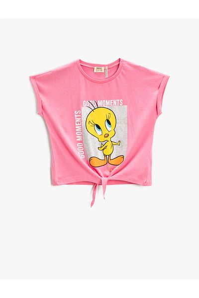 Koton Tweety Printed T-Shirt Licensed Tie Front Short Sleeve Crew Neck Cotton