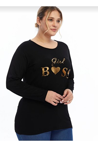 Barato Μαύρη μπλούζα με μακρυμάνικο στάμπα μεγάλου μεγέθους