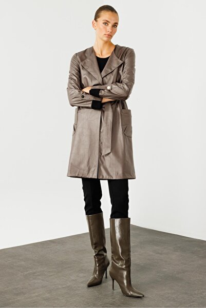 Moda İlgi Modailgi Beli Lastik ve Kuşak Detaylı Torba Cepli Şal Yaka Trenç Gri