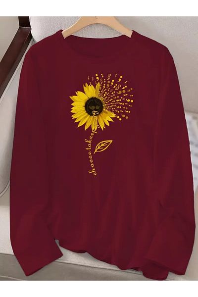 REKA MODA Women's Long Sleeve Crew Neck Sunflower Print Viscose Blouse