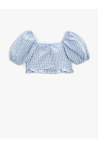 Koton Crop Blouse Checked Short Balloon Sleeve