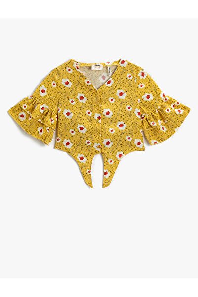 Koton Μπλούζα Crop Floral κοντομάνικο βολάν στη μέση Λεπτομέρεια δέματος