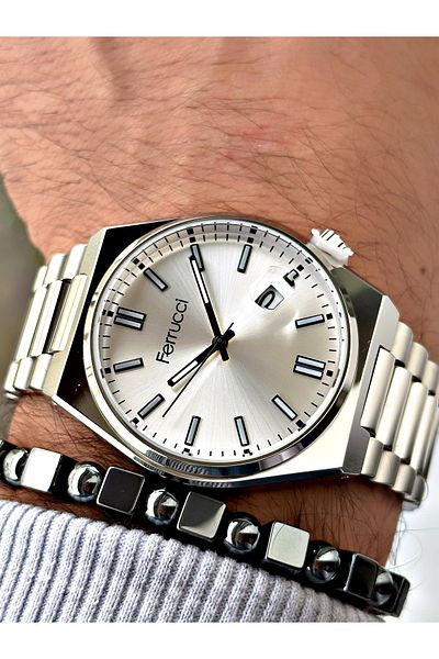 Ferrucci Silver Color Classic Calendar Steel Band Men's Wrist Watch + Bracelet