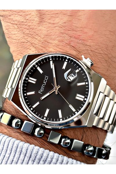 Ferrucci Silver Color Classic Calendar Steel Band Men's Wrist Watch + Bracelet