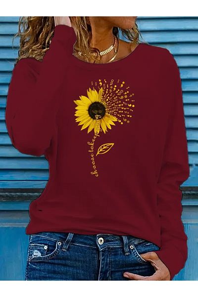 REKA MODA Women's Long Sleeve Crew Neck Sunflower Print Viscose Blouse