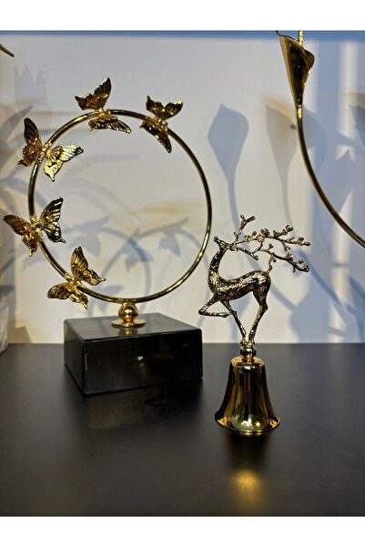 Mercan Tasarım Atölyesi Çiçek Boynuzlu Geyikli Dekoratif Metal Çan Mum Söndürücü-gold